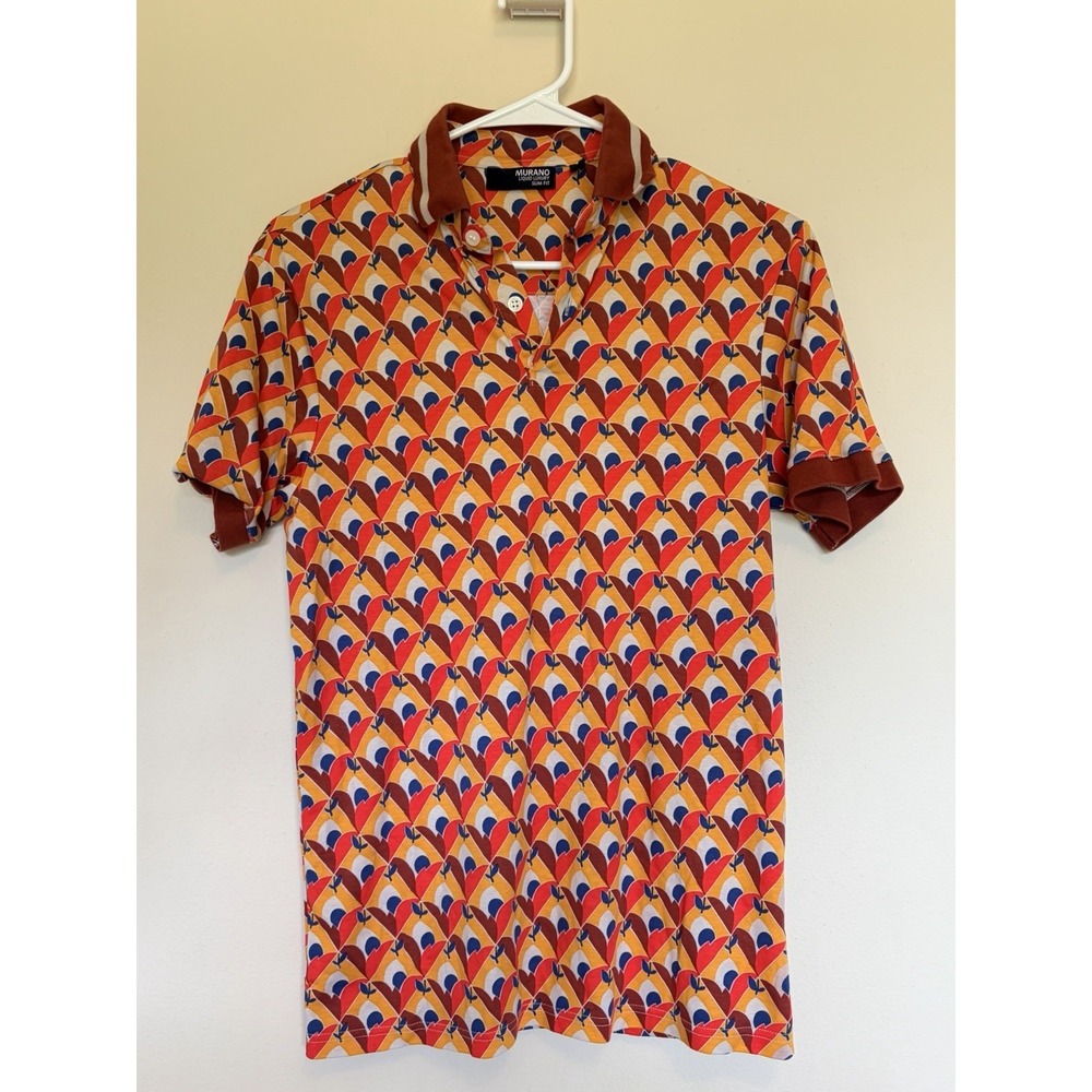 Murano Liquid Luxury Geometric Floral Slim‎ Fit Stretch Polo Shirt Mens Small
